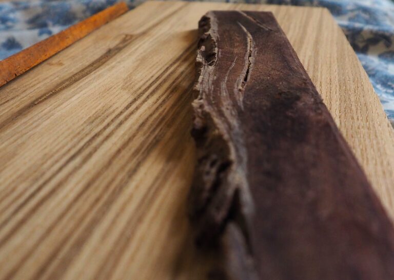 Photo en gros plan d'une pièce de bois. Elle a une couleur brune qui tire sur le violet, et sur une de ses longueur on voit encore l'écorce et sa texture, soulignée par de longues traces blanches.